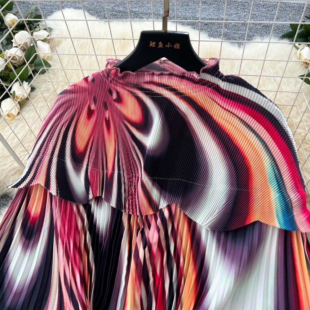 Spring Autumn Women Elegant Print Miyake Fold Cape Robe Batwing Sleeve Oversized Loose Pleated Home Dresses