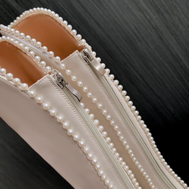 Fashion Black White Cowhide Pearl Edge Retro Knee High Boots New Autumn Winter 5.5cm Low Heel Commuting Shopping Fashion Warm Long Boots