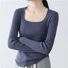 French Square Neck Knit Base Layer Top for Women Spring Solid Color Square Neck Long Sleeve Sweater Base Layer for Coats