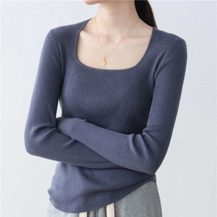 French Square Neck Knit Base Layer Top for Women Spring Solid Color Square Neck Long Sleeve Sweater Base Layer for Coats