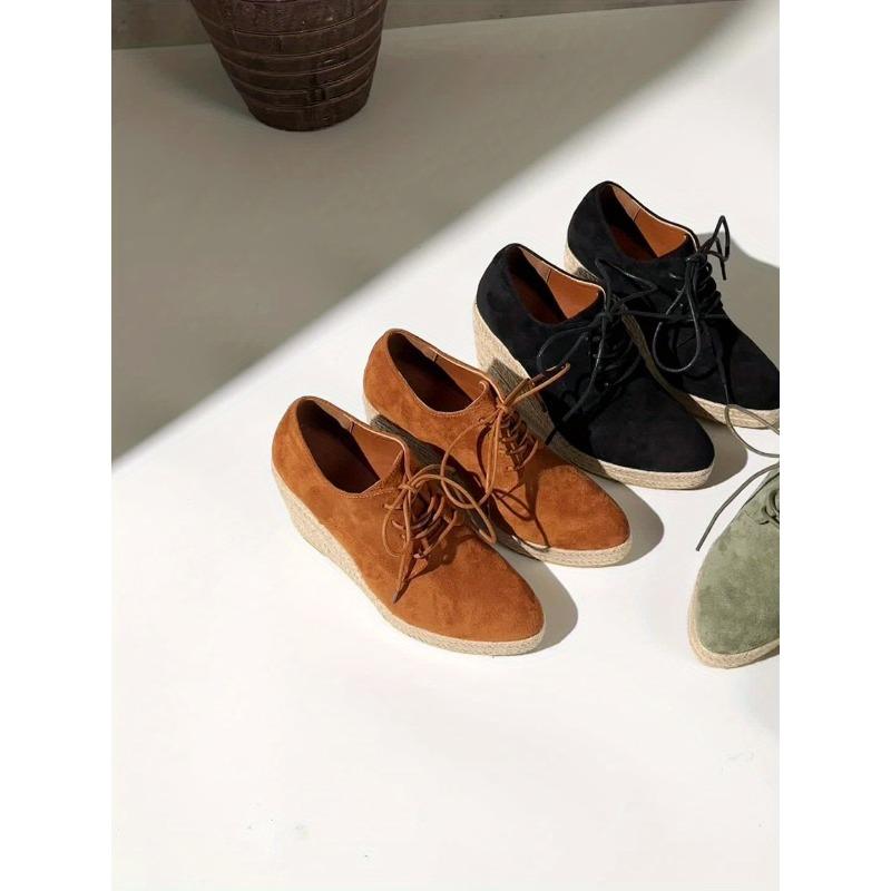 Women's Solid Color Stylish Shoes, Lace Up Low-top Platform Wedge Shoes, Espadrilles Round Toe Versatile Shoes
