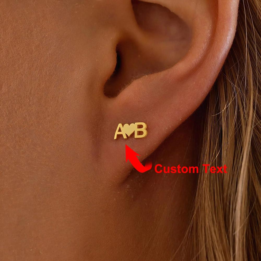 Custom Initial Stud Earrings With Heart Gold Color Stainless Steel Heart Letter Earring Valentine'S Day Gift For Wife Mom