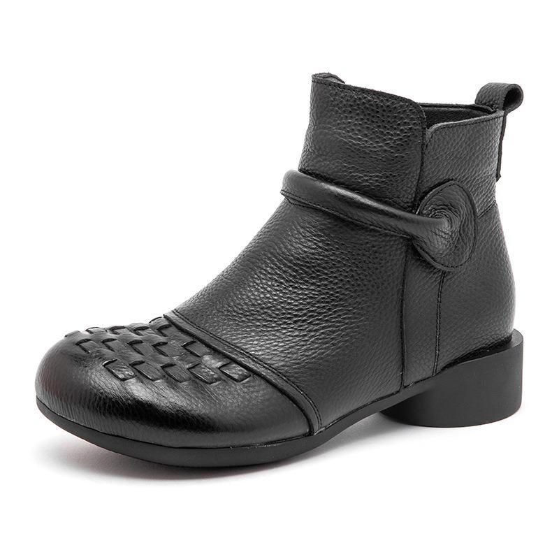 Leather warm round head mother Martin boots winter new thick heel hand-woven retro short boots women