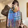 Women Scarf Plaid Pattern Cashmere Feel Plush Scarf with Tassel Decoration Travel Sweater Coat Accessory