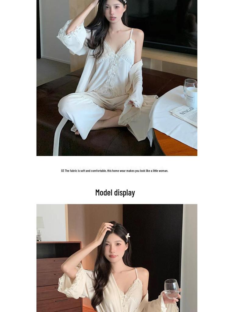 Złote aksamitne piżamy z koronkowym wykończeniem: Damski Seksowny Zestaw Trzyczęściowy Kamizelki z Wkładkami na Biust na Jesień/Zimę