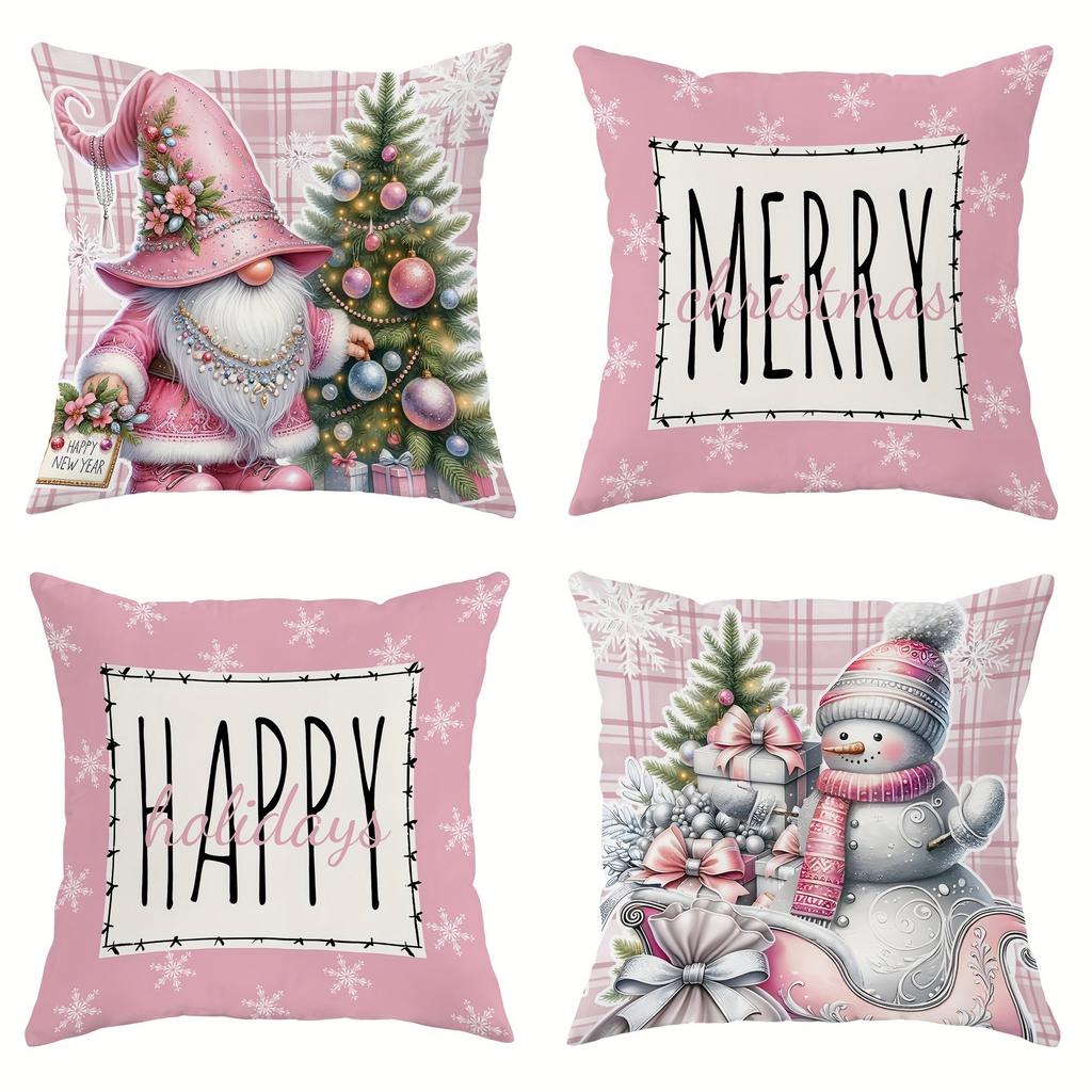 Pink Christmas Pillowcases: Gnome, Snowman & 'Merry' 'Happy' Prints for Festive Decor sofas, bedroom pillow covers