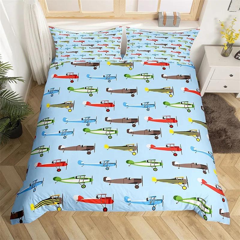 Aircraft Queen Duvet Cover Set Cartoon Airplane Bedding Set Polyester Clouds Stars Moon Print Comforter Cover For Kids Boys Room