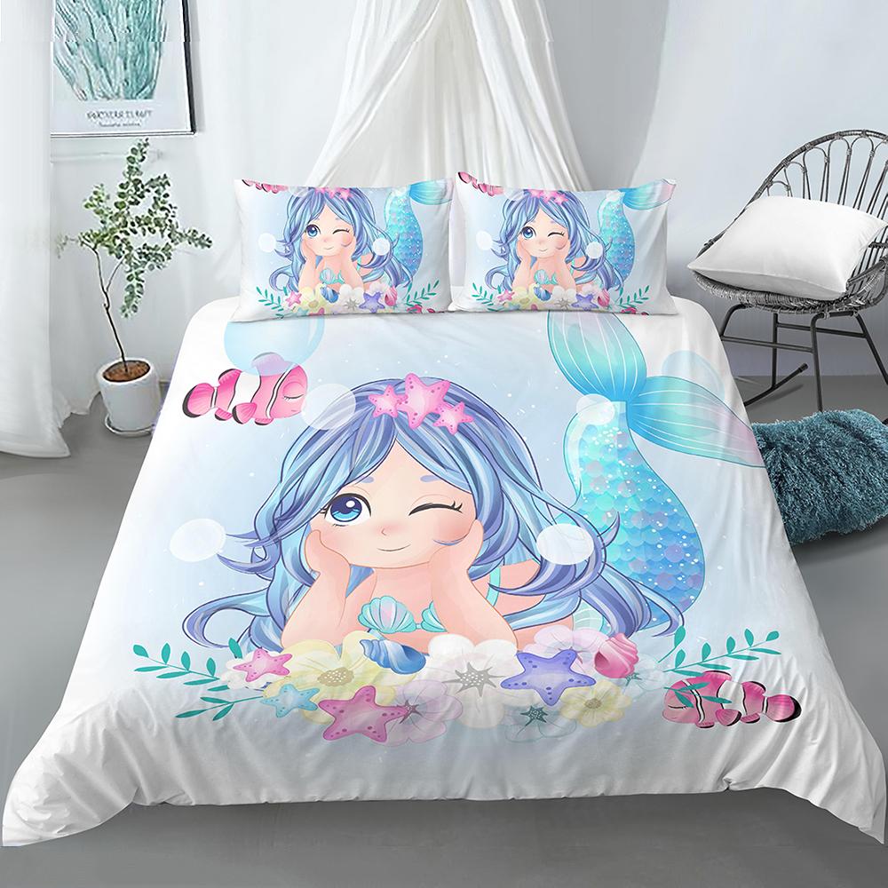 Bedding Set Girls Mermaid Duvet Cover Set With Pillowcase Cartoon Edredones Niños Girl Princess Quilt Cover Full Size Bedspread