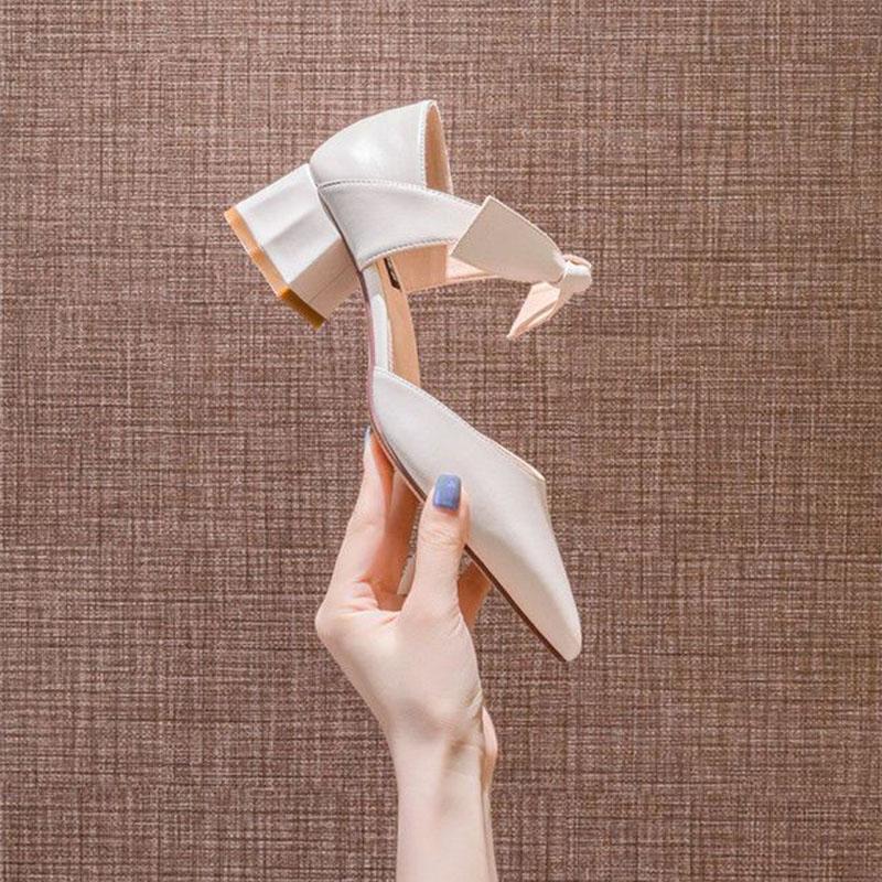 Prancūziško stiliaus aukštakulniai, fėjų bateliai, švelnūs vienviečiai bateliai, moteriški pavasario modeliai, su banteliu, smailianosiai, storu kulnu