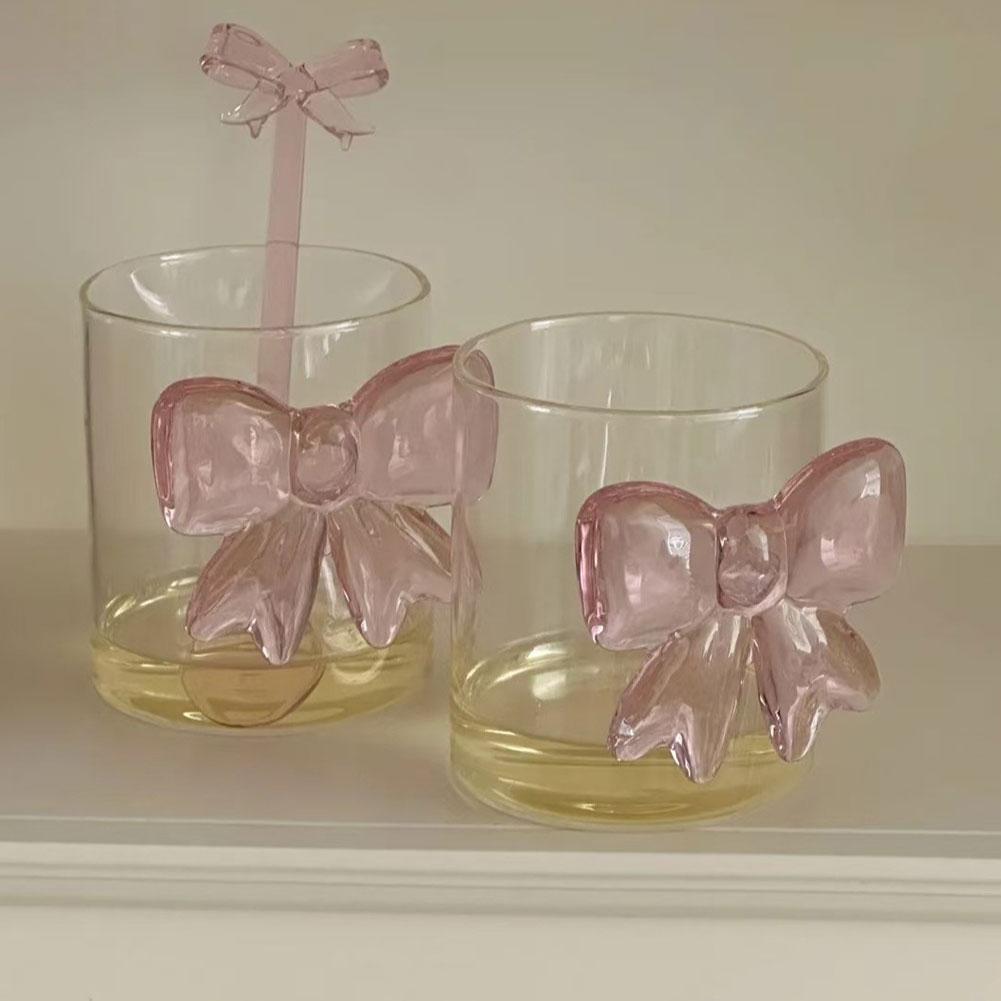 1 Piece Ceative Transparent Glass Cup with Pink Bow Lovely Girl Cute Mug Glass Decor For Bestie N9I3