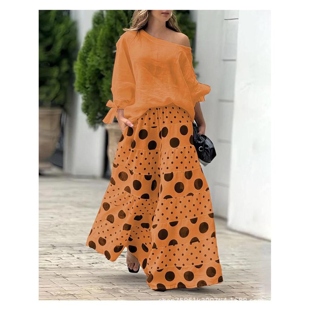 Mode High Street Outfits 2-teiliges Set Sexy schräger Ausschnitt einfarbige Bluse + Weitbeinige Hosen Sets Elegantes Polka-Dot-Muster Damenanzug