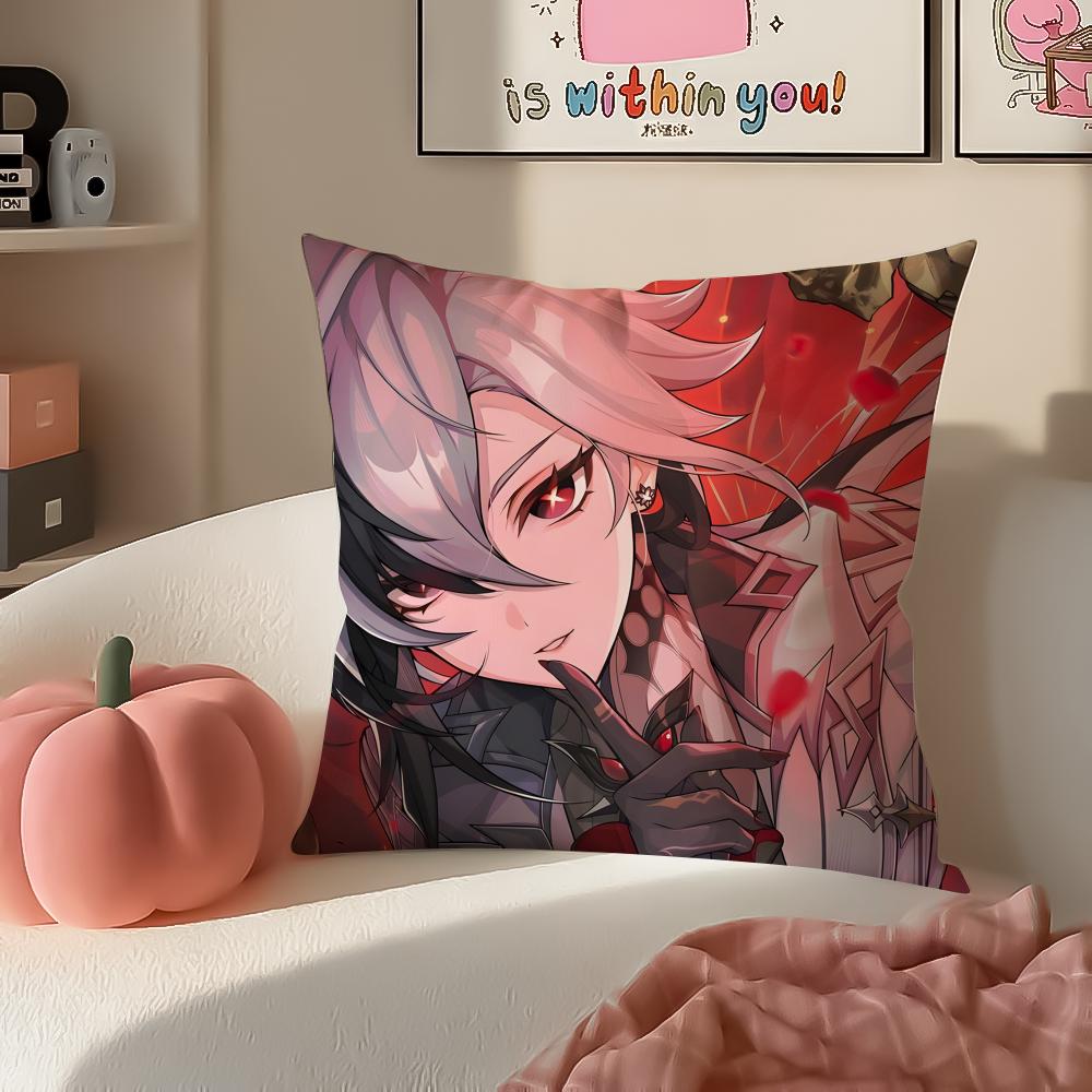 Game Genshin Arlecchino Cushion Cover Pillowcase Short Plush Invisible Zipper Room Sofa Cushion Cover