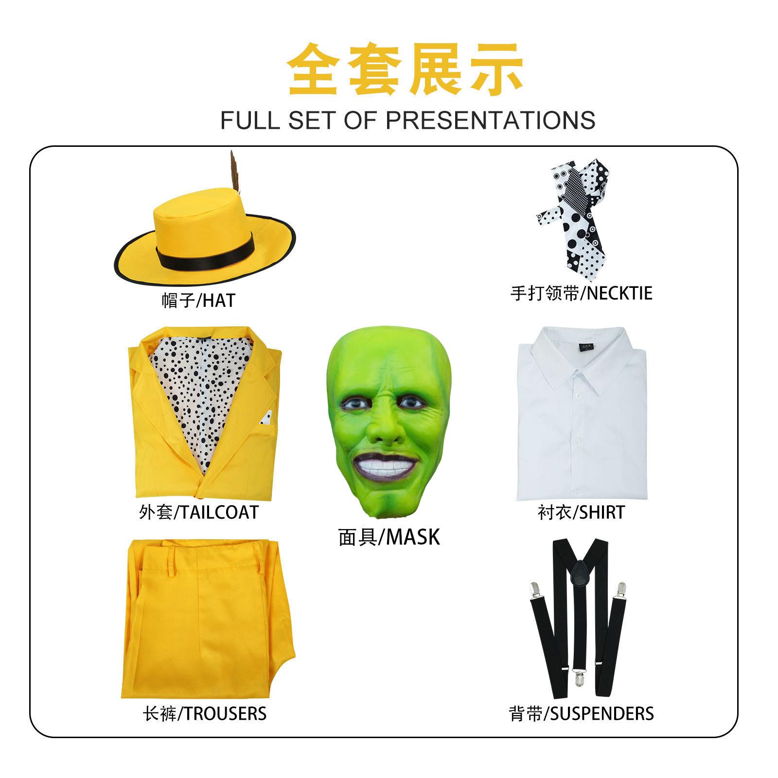 Film The Mask Cosplay Kostuum Jim Carry Cosplay Gele Uniform Carnaval Feestpak Hoed Groen Masker Halloween Carnaval Kostuum M