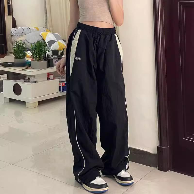 Women's Spring Vintage Streetwear Cuffed Pants High-Waisted Straight-Leg Hip-Hop Elastic Waist Sports Pants