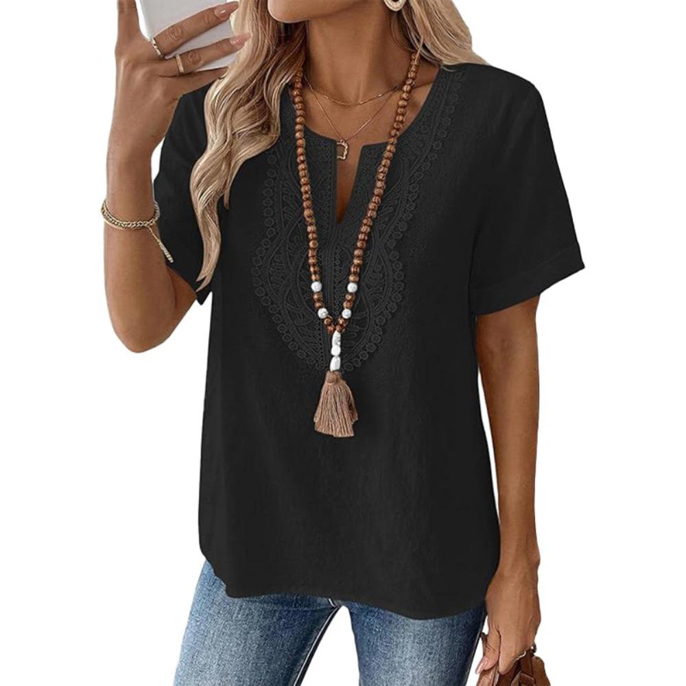 Women's Boho V‑Neck Lace Embroidered Short Sleeve Regular Fit Casual Solid Polyester Blouse Top