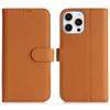 For iPhone 15 Pro Stand Case Litchi Texture Genuine Cow Leather Wallet Phone Cover RFID Blocking