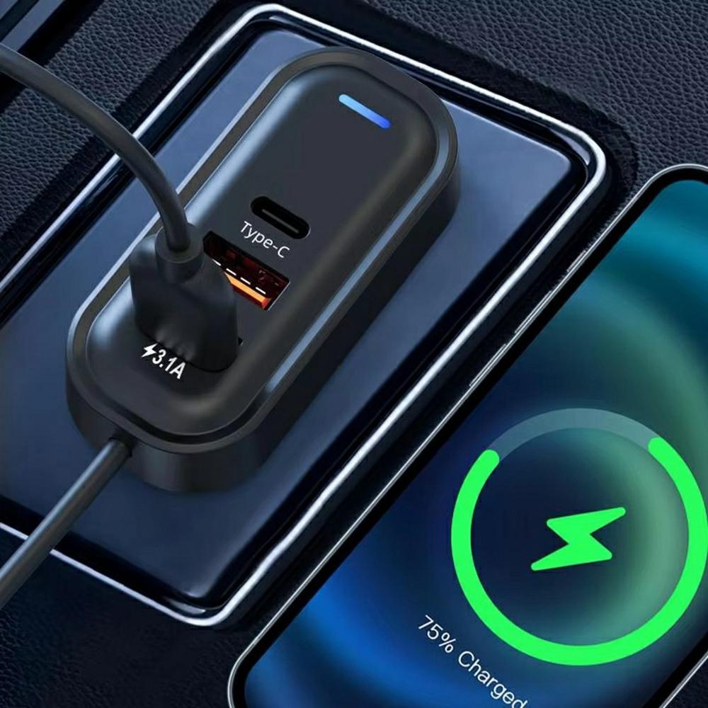 PD 30W Fast Charging Adapter with 1m Extension Cable Rear Seat Multi-Port Car Charger