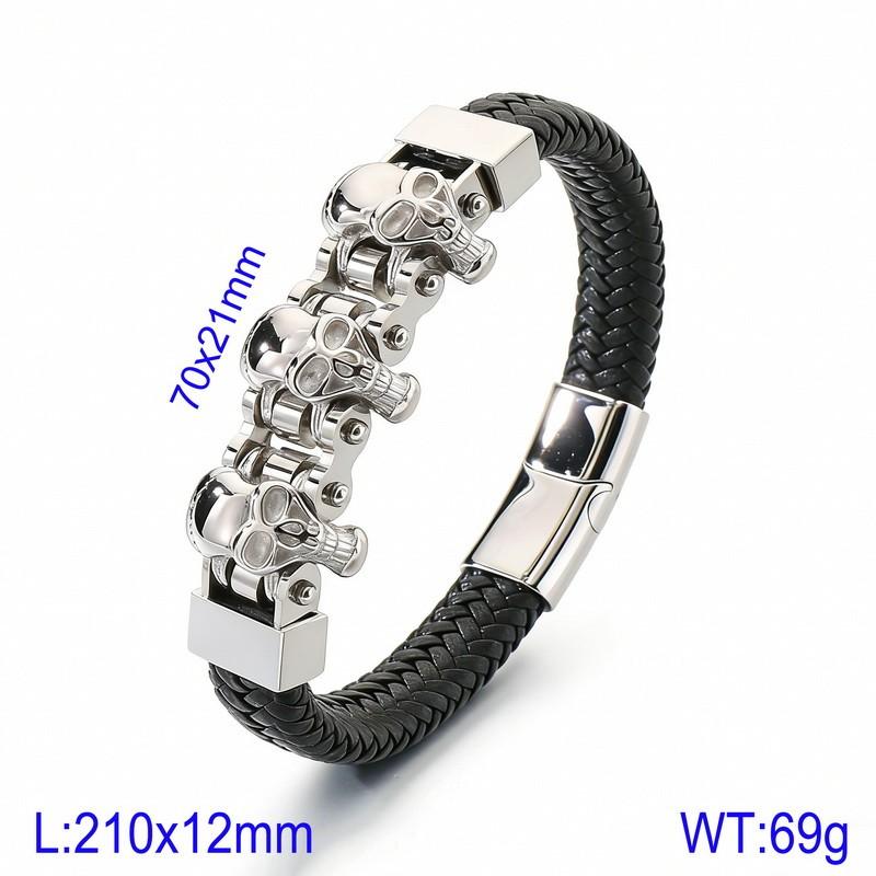 KALEN Fashion Stainless Steel Punk Skull Bracelet Men Leather Bangle 21cm&Punk