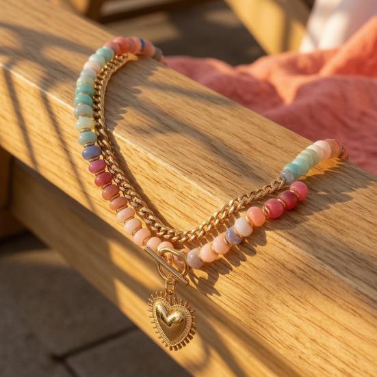 Preppy Aesthetic Beaded Necklace Women Layered Necklace, Heart Pendant Colorful Bohemian Choker Jewelry for Summer Beach Party