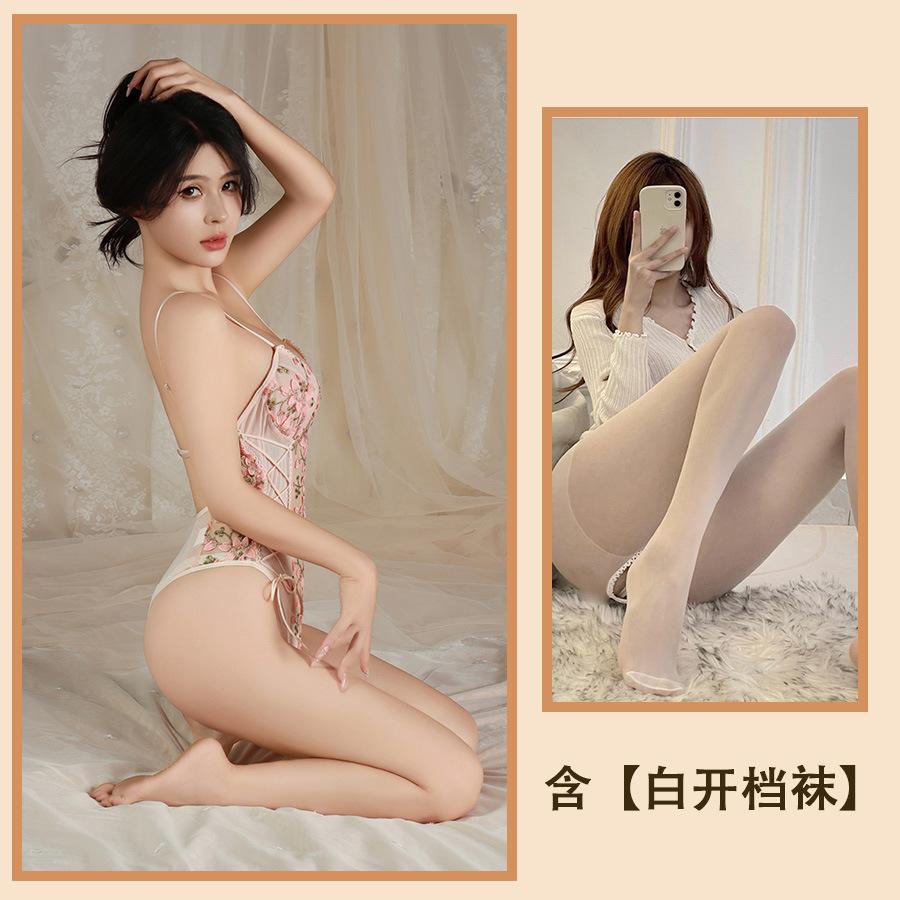 Sex Underwear Lace Embroidery Hollow Pajamas Sexy Suspender One-piece Waist Transparent Temptation Mesh Set