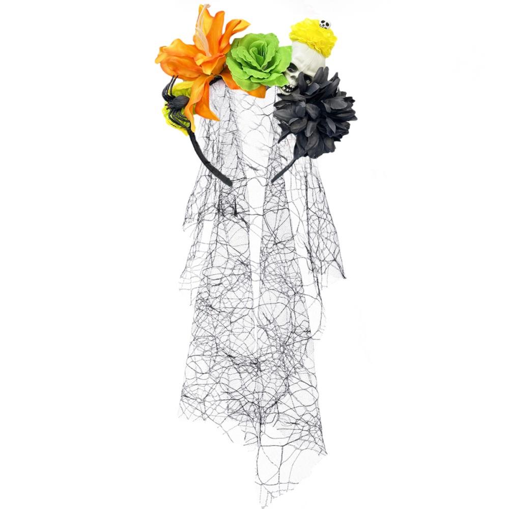 Halloween Black Veil Floral Hair Band Day Of The Dead Skull Rose Flower Headband Crown Cosplay Costume Headpiece Party Headwear