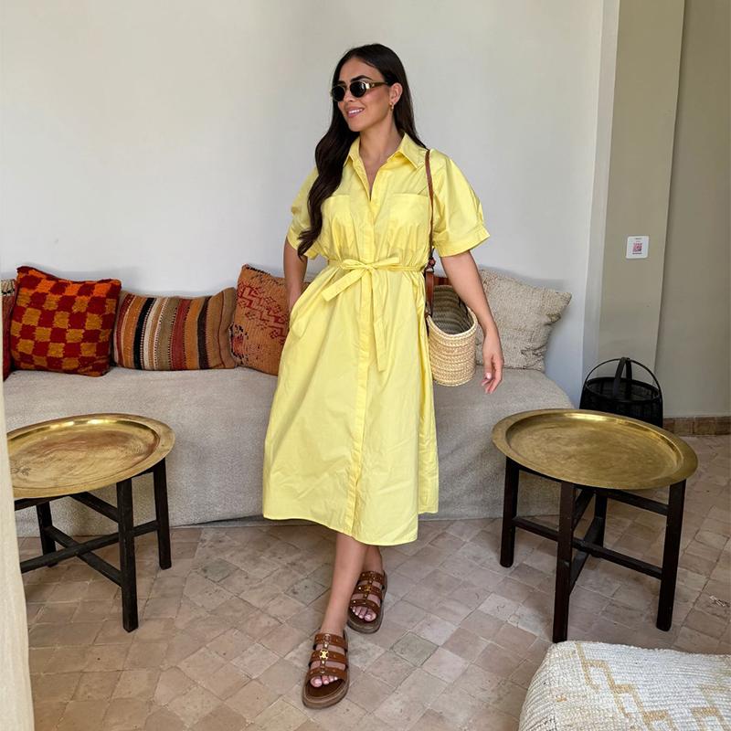 Casual Women's Lace Up Dress Single-Breasted Turn-Down Collar Short Sleeve Lady Dresses Loose Female Robe