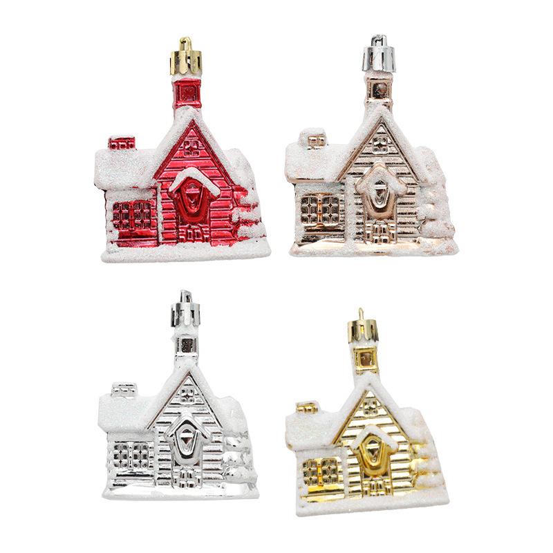 Christmas Supplies Red Gold Snow House Shape Christmas Tree Pendant Home 2025 New Year Decoration Xmas Tree Decors 4PCs/Set