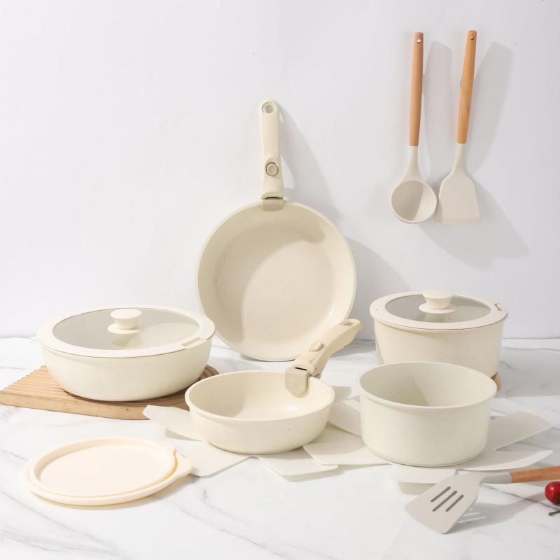 Detachable Handle Cookware Set Granite Coating Nonstick Pots Milk Pan Frying Pan Saucepan Compact Kitchen Set Stackable Storage Induction Stove Pot