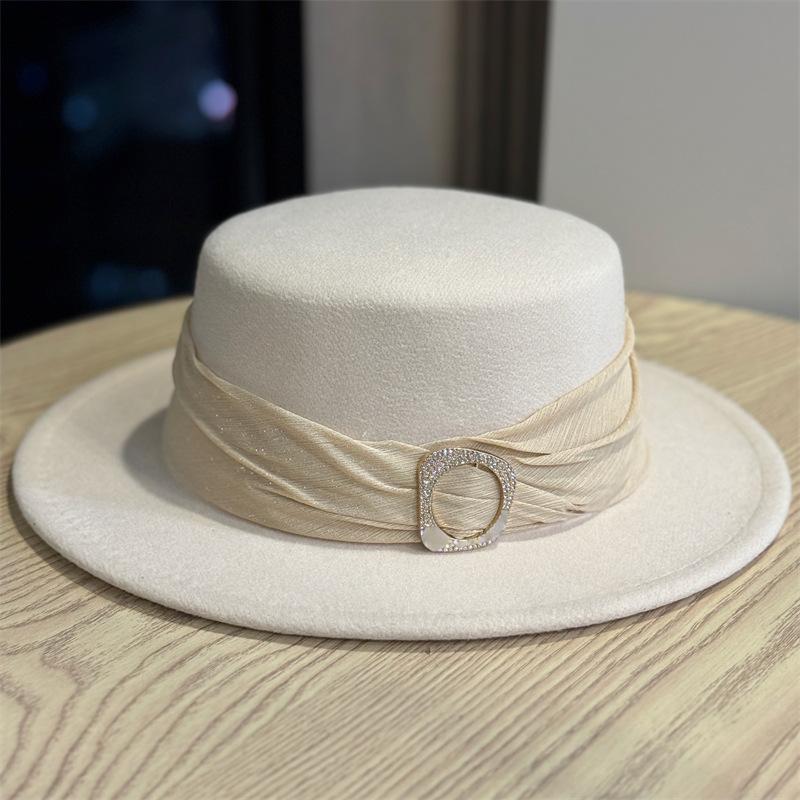 Retro British Style Elegant Woolen Hat High Sense Temperament Hepburn Style Celebrity Flat Top Bucket Hat Basin Hat Female Tide