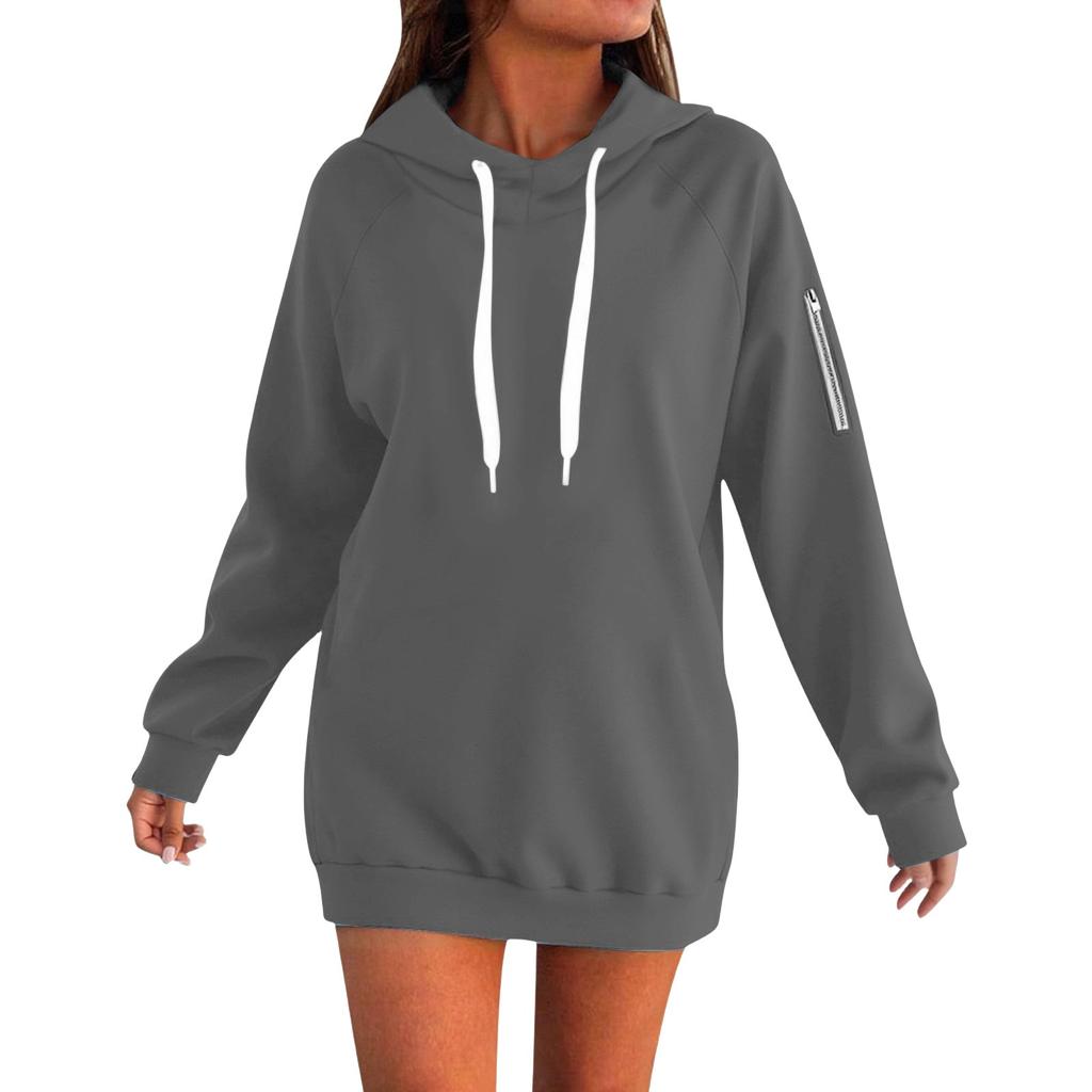 Women's Fashion Oversized Long-Sleeve Zipper Drawstring Solid Color Hooded Sweatshirt