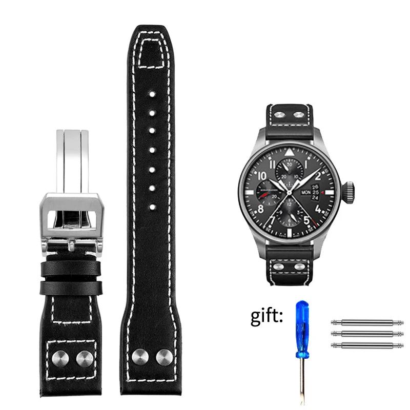 Genuine Leather Rivets Watchband For IWC Big Pilot Spitfire Brown Black Cowhide Folding Buckle Watch Men Strap 21x18mm 22x18mm