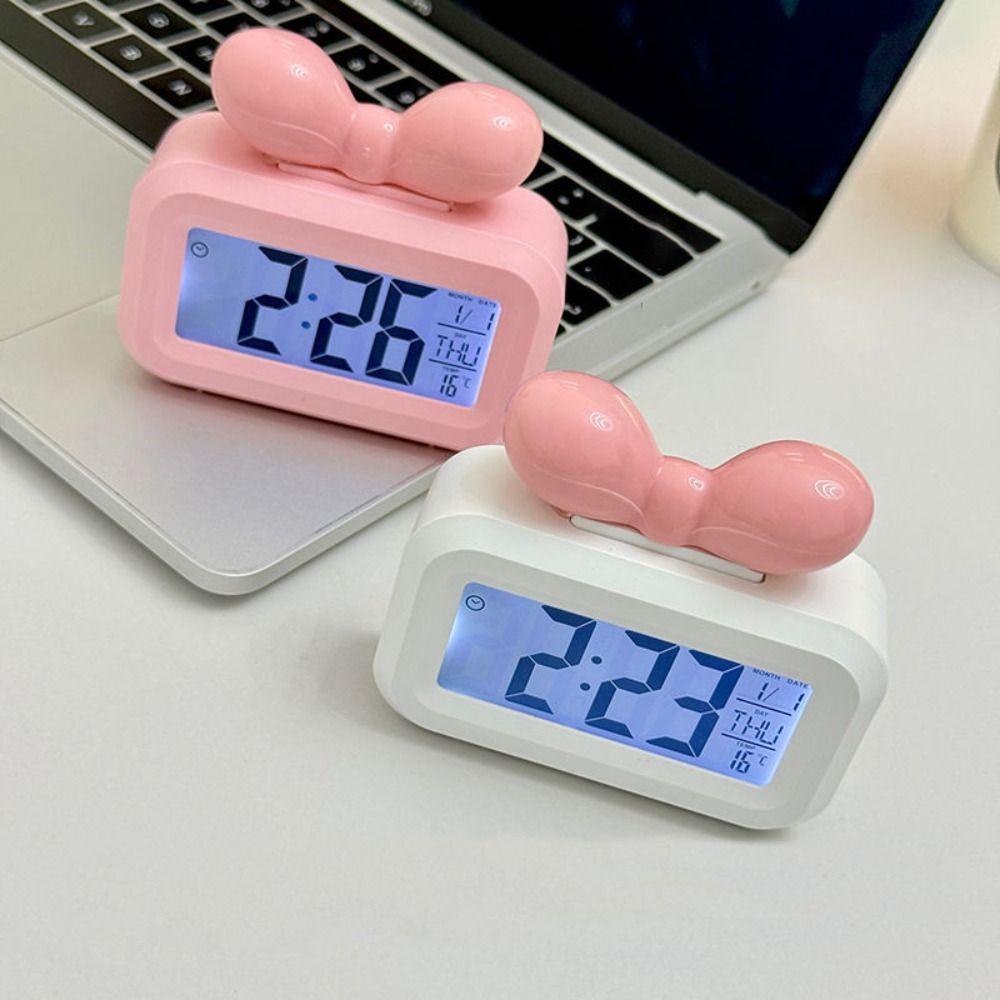 Cute Bowknot LED Digital Clock Temperature Detection with Night Light Alarm Clock Mini Gift Desktop Clock Bedside Decoration