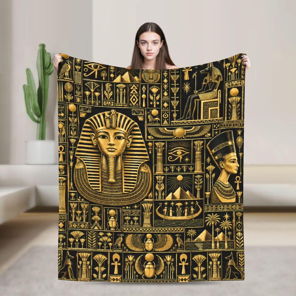 Egyptian Pharaoh Blanket, Gold Hieroglyphics, Cleopatra Art Decor, Soft Flannel Throw