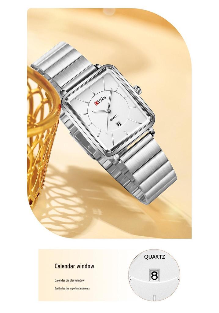 OFNS Women's Retro Square Watch – French Design, Simple Bar Markers, Business Style, Calendar, Waterproof, Quartz Movement.
