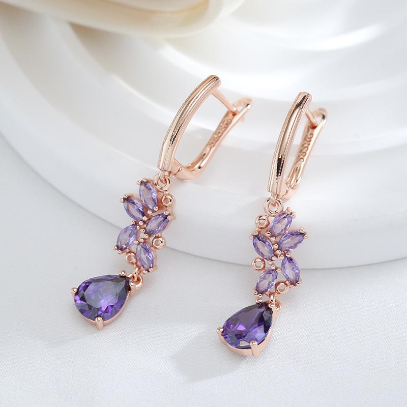 Shiny Purple Natural Zircon Long Dangle Earrings For Women  Rose Gold Color Vintage Ethnic Bride Daily Fine Jewelry