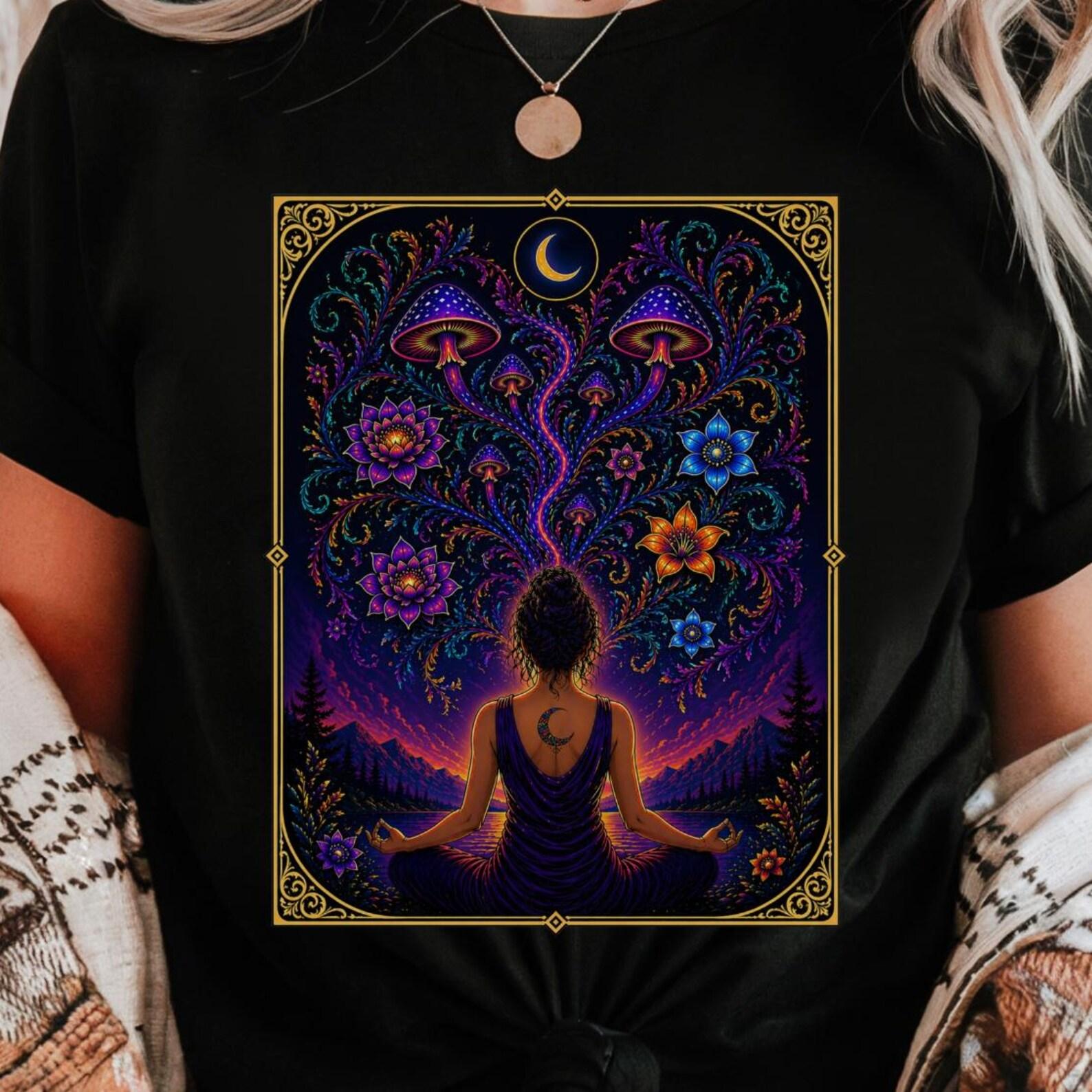 Psychedelic Meditation Shirt | Crescent Moon Yoga Tee | Trippy Mushroom Art Graphic XL