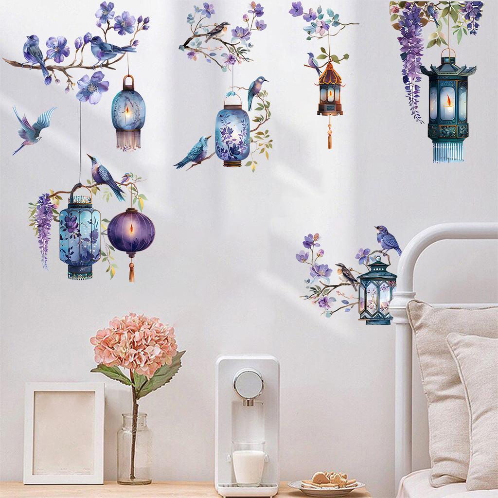 Wall Sticker Purple Flower Bird On Branch Decoration for Bedroom Living Room Background Self Adhesive Removable