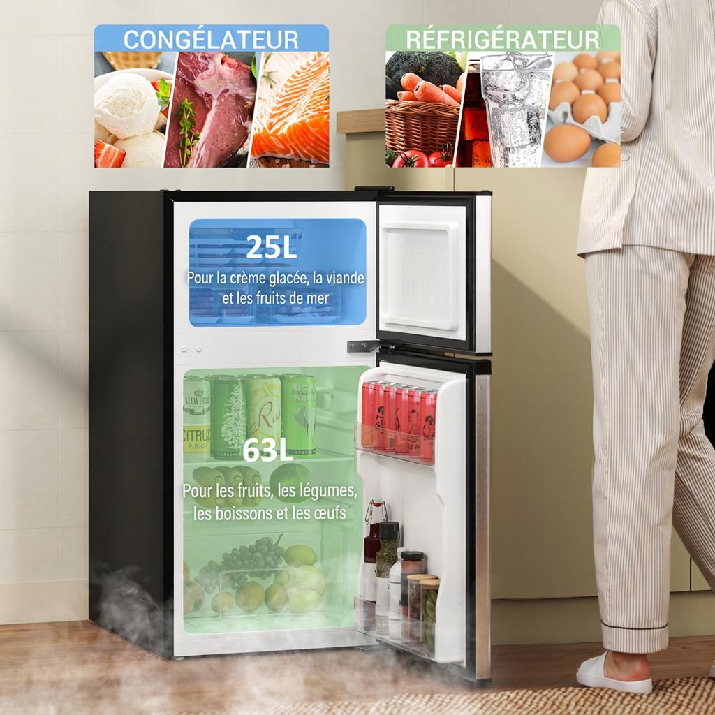 Refrigerator freezer 88 L, small combined refrigerator with reversible doors and lighting, 45.5x50x86.5cm, black