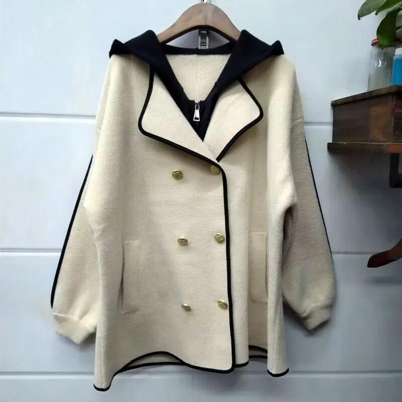 

Женская куртка из твида с длинными рукавами и капюшоном на осень и зиму, весеннее повседневное удобное пальто из твида 2XL бежевый