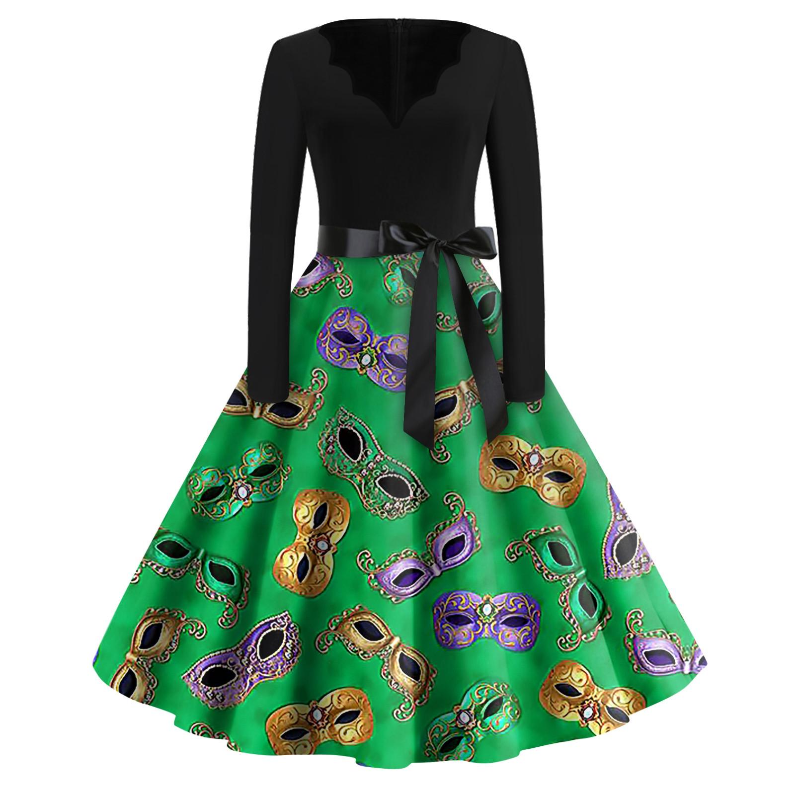 

Жіночі модні повсякденні тонкі сукні з принтом Mardi Gras з V-подібним вирізом і довгими рукавами XXXXXL зелений