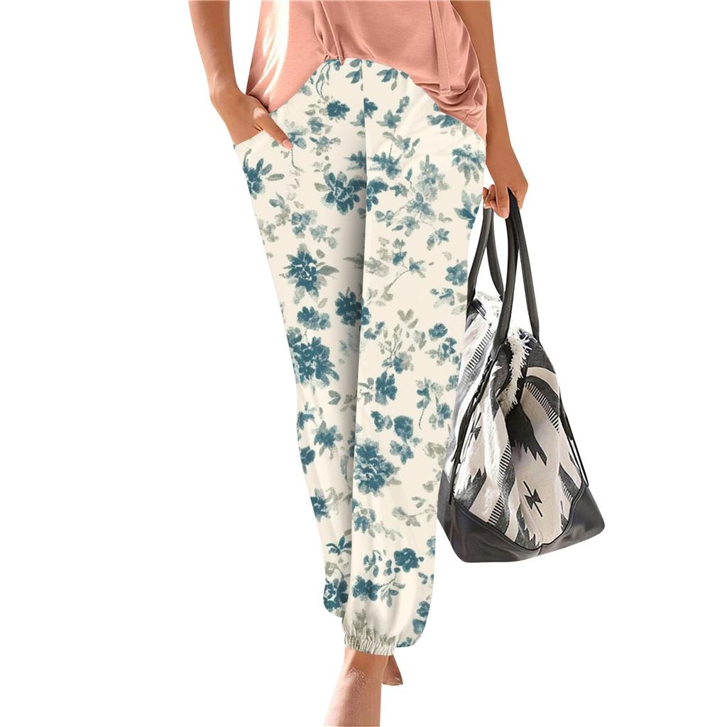 Ladies Summer Print Elastic Waist Loose Casual Wide Leg Pants Trousers