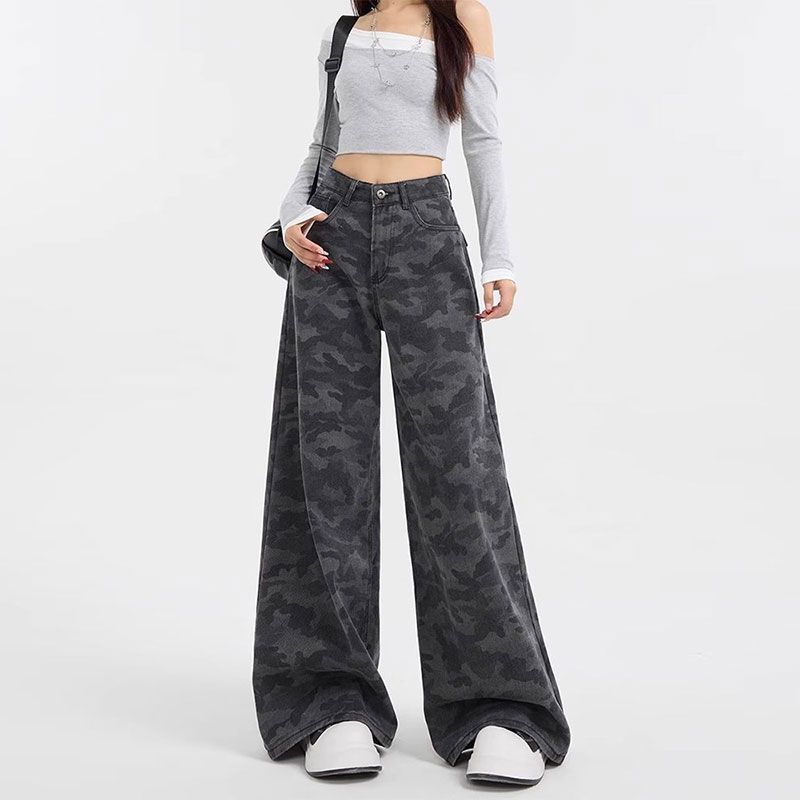 

Comfortable Camouflage Street Wide Leg Trousers Women s Autumn High-waisted Large Yards Loose Casual Straight Trailing Denim Trousers Long Denim Pants XS