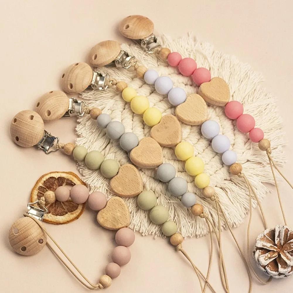 High Quality Silicone Pacifier Clips Lightweight Anti-drop Teether Teething Wooden Gift Pacifier Holder Chain Newborn