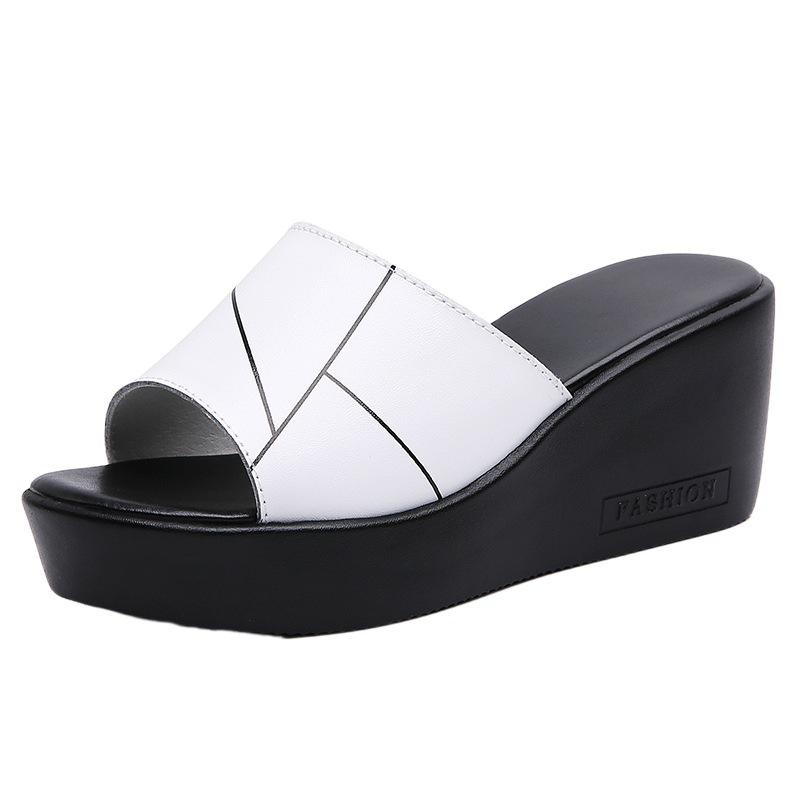 Cowhide Open-toed Women's Shoes Large Size Slope Heel Cool Slippers Summer Muffin Slippers Women