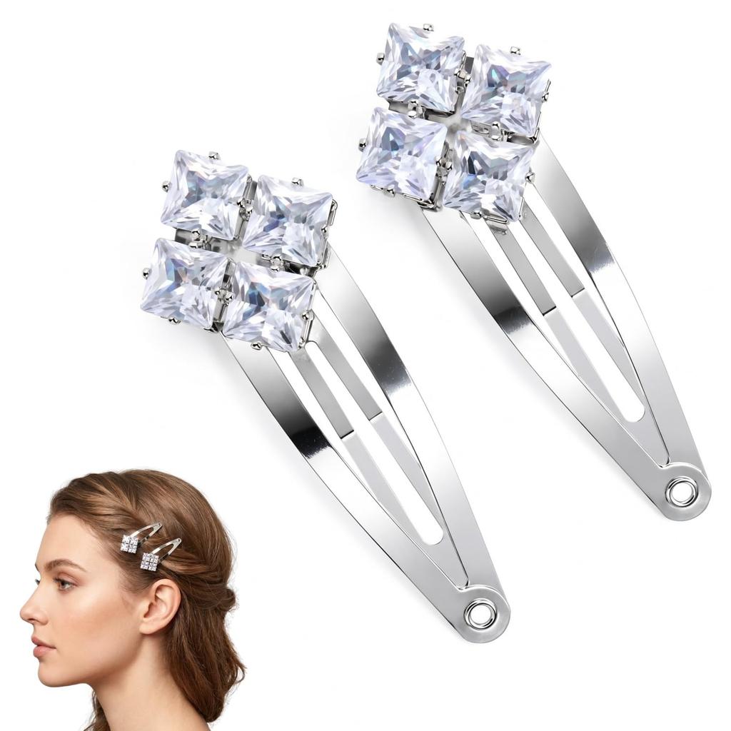 ANNA CREATIONS 2 Pcs Crystal Rhinestone Hair Clips Metal Clip Silver Snap Hair Barrettes Hair Accessories for Women & Girls Party, Wedding (Style