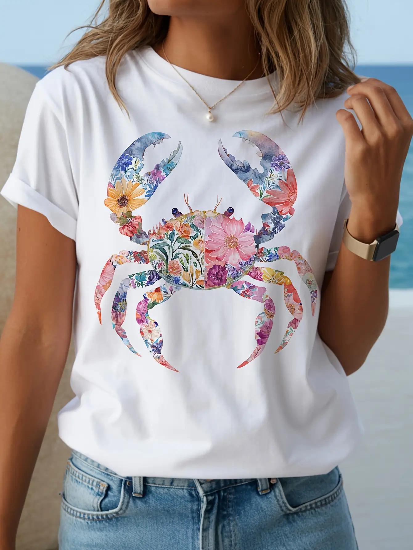 

Women s Crab & Flower Print T-Shirt - Short Sleeve Round Neck Casual Blouse, Spring Summer Daily Wear & Gift, Comfortable Crab & Flower Top for Women 5XL різнокольоровий