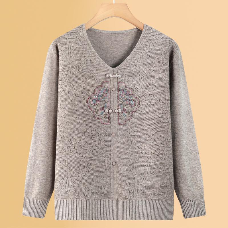Damen Plus Size V-Ausschnitt Strickpullover Strass-Dekor Knopf Langarm Cardigan