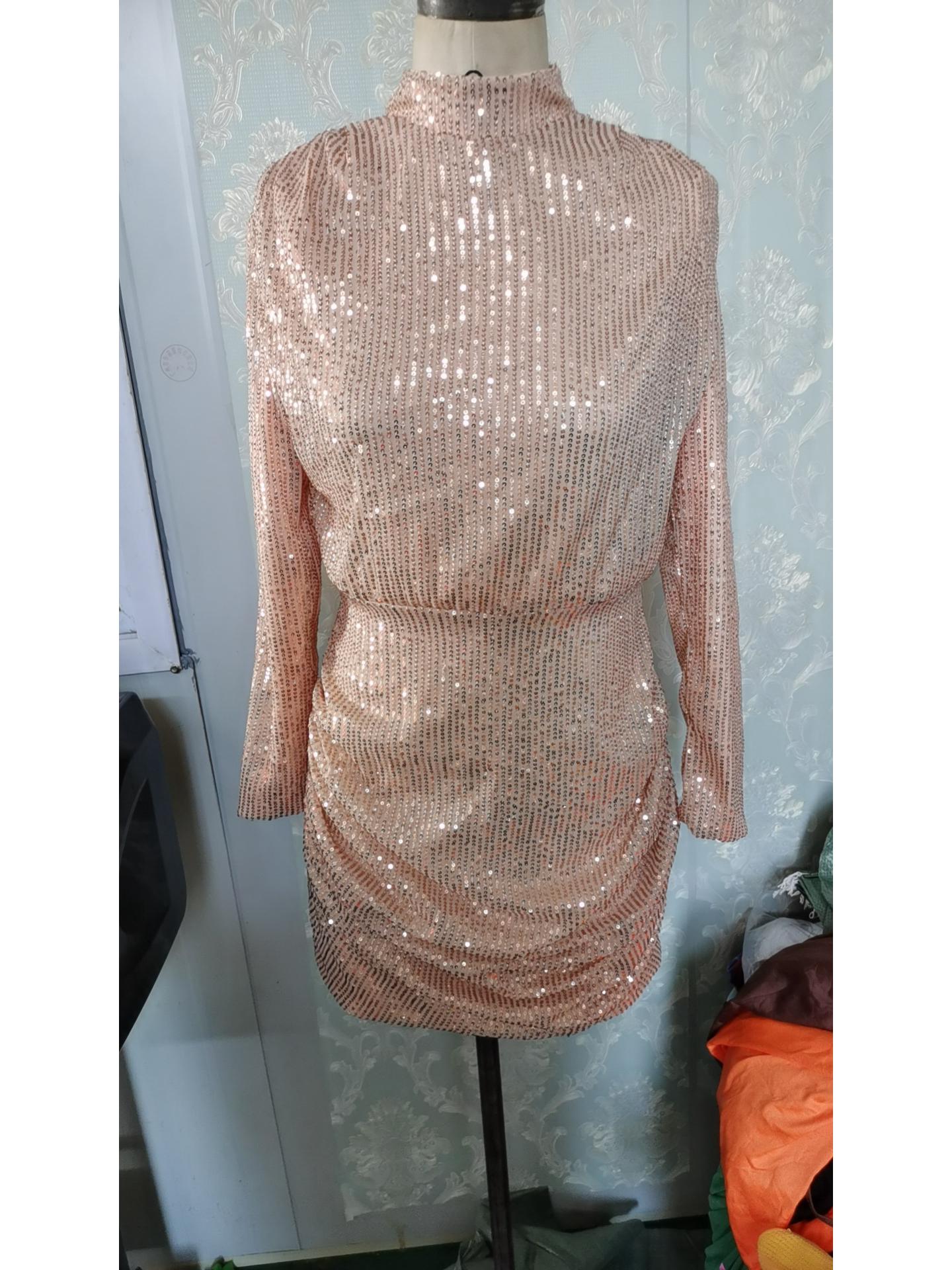 

2025 Женское сексуальное платье миди бодикон с V-образным вырезом и длинными рукавами, украшенное пайетками, с короткой юбкой на завязках XXLarge шампанского