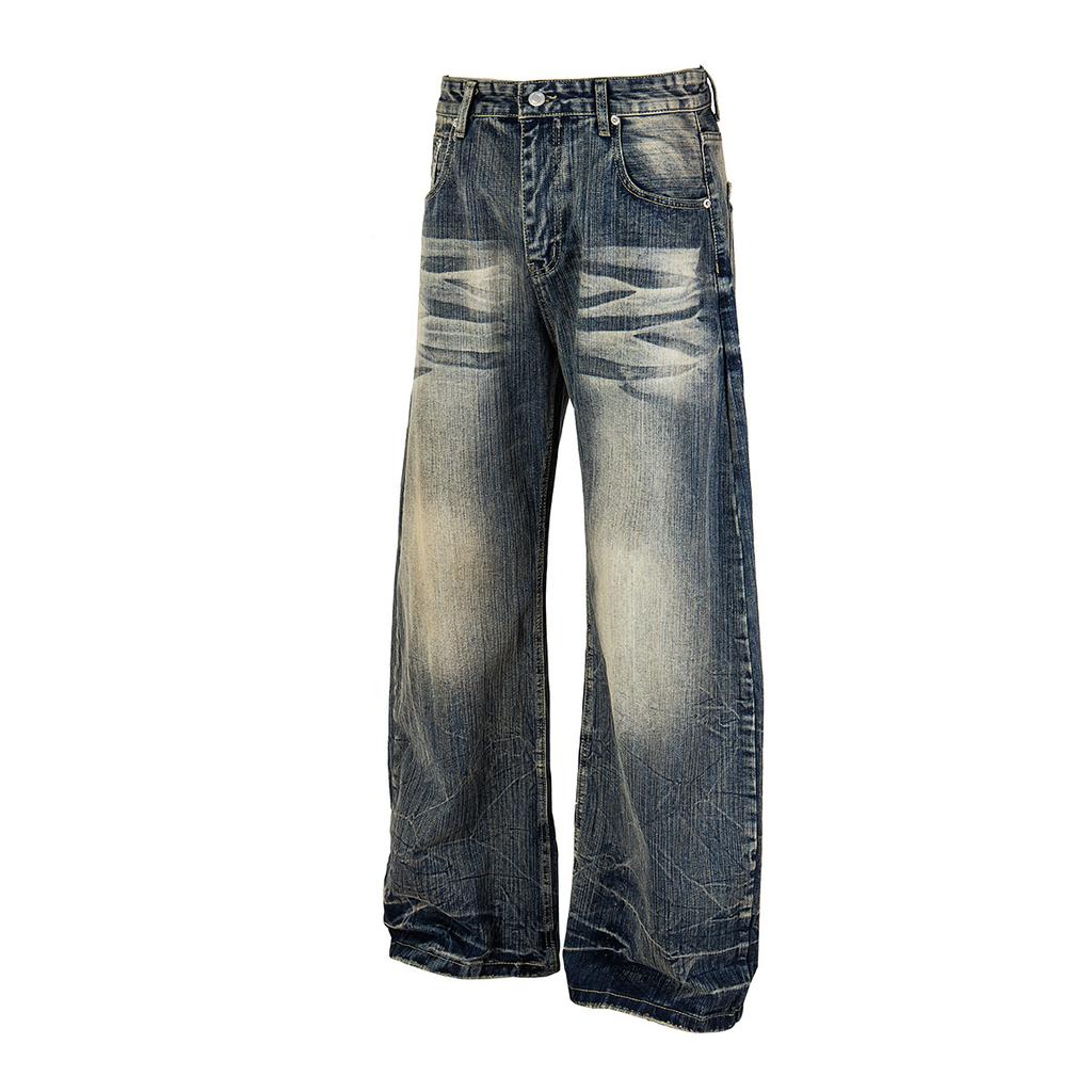 European and American scimitar pants retro washed jeans personalized bamboo pattern loose wide-leg pants men