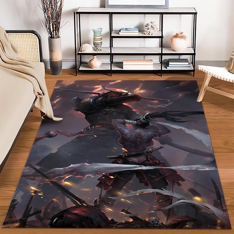 Samurai Warriors Kampfszene Teppich mit feurigem Dark Fantasy Design Geeignet zur Verwendung als Antirutsch für Wohnzimmer Schlafzimmer Sofas